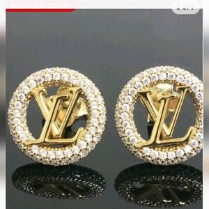 Louis Vuitton Gold Crystal Circle LV Stud Earrings
